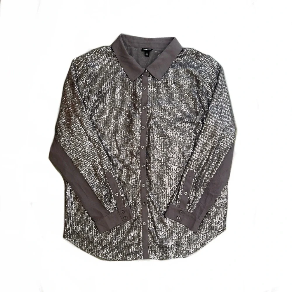 Torrid Gray Madison Sequin Long Sleeve Button Up Shirt Women's Size 3X 22-24 NWT